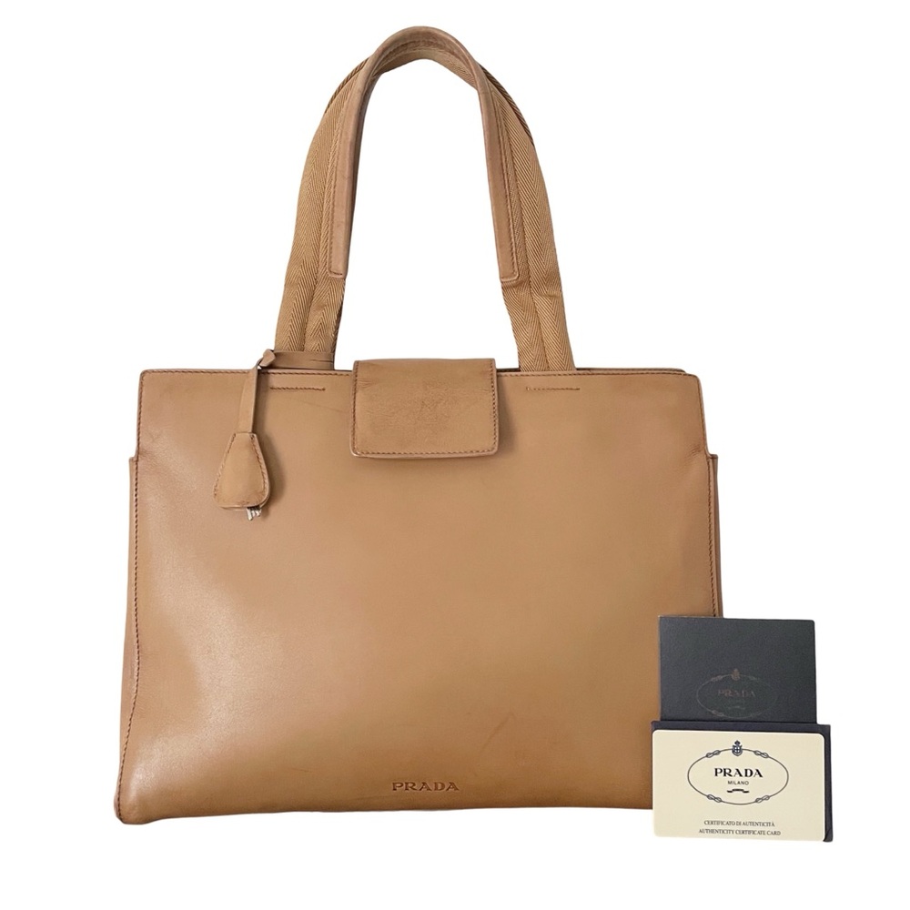 Prada tan leather and silk 1999 archive Y2K vintage tote business bag lock